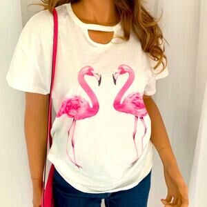 Promesa White Slubbed Tee Pink Flamingos Short Sleeve Cutout Neckline MED USA